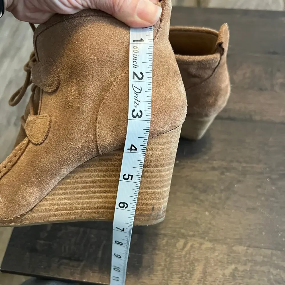Lucky Brand Booties  LP Yaney Leather Suede Ankle Wedge Size 7.5M Camel Retro